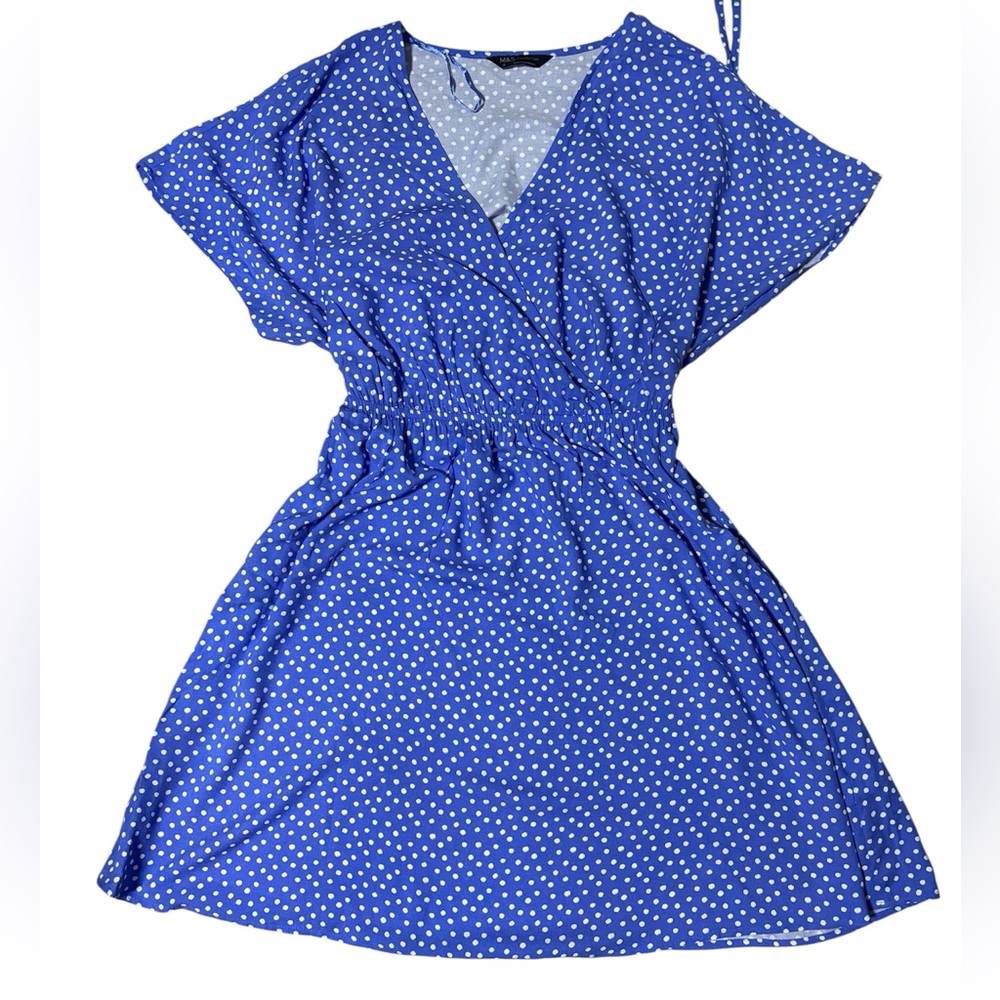 M&S Collection Blue White Spotty Viscose A-line Summer Beach Dress Size 12  VGC